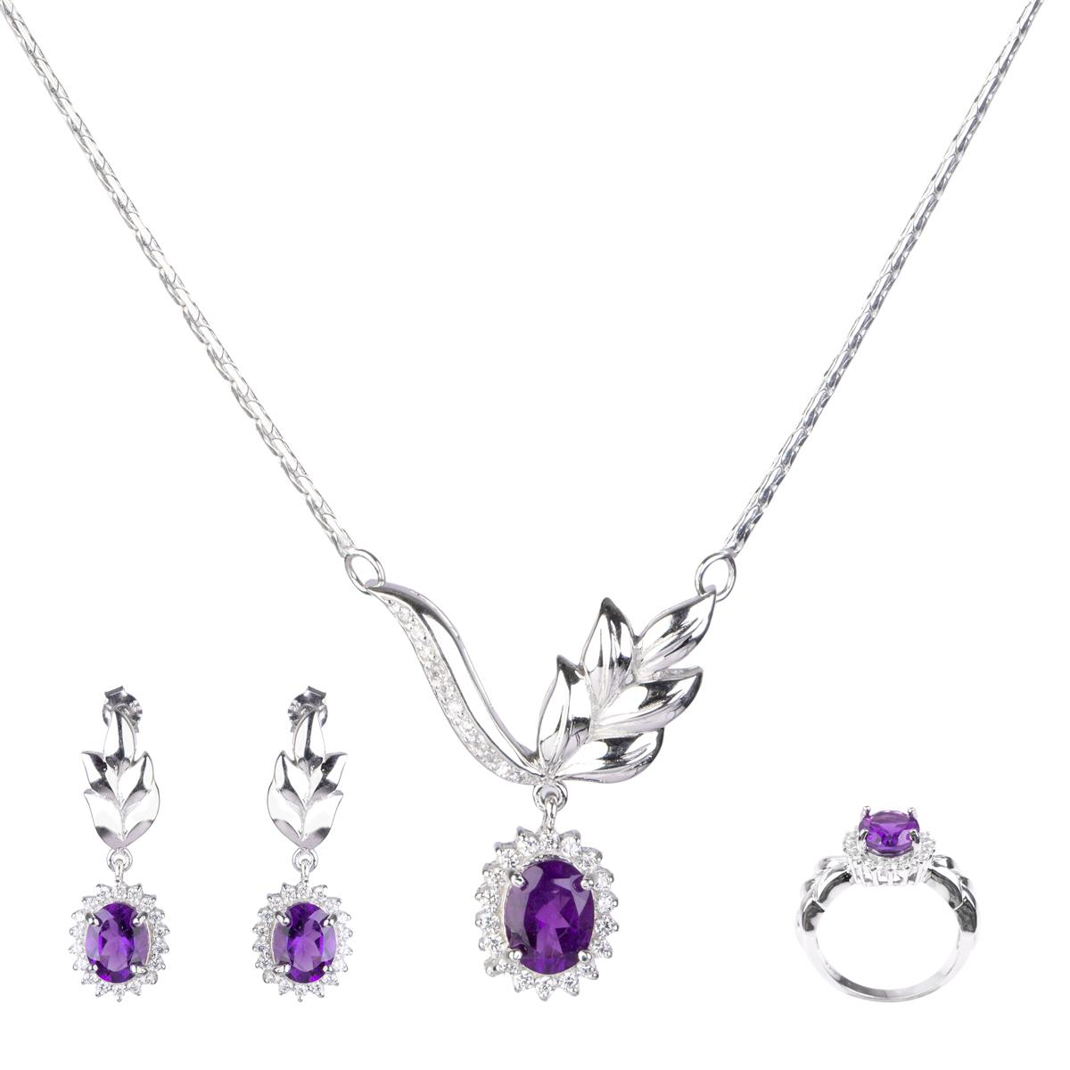 Amethyst Gemstone Pendant, Earrings, Ring| Silver Jewelry Set