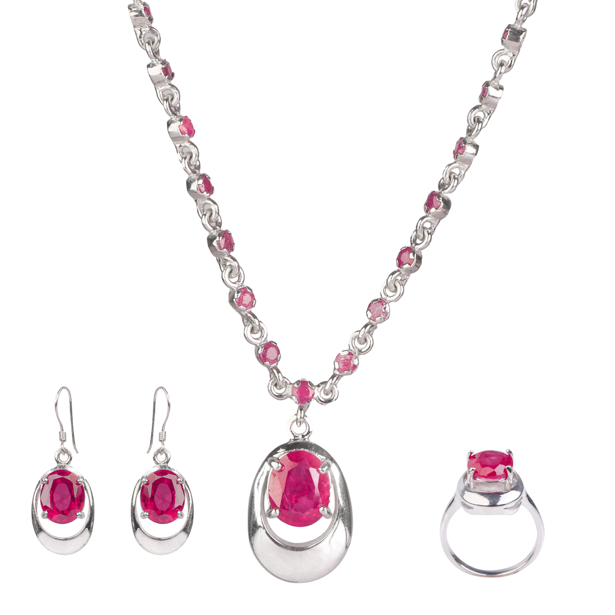 Ruby Dangle Earrings, Ring, Pendant | Silver 925 Women Jewelry Set 