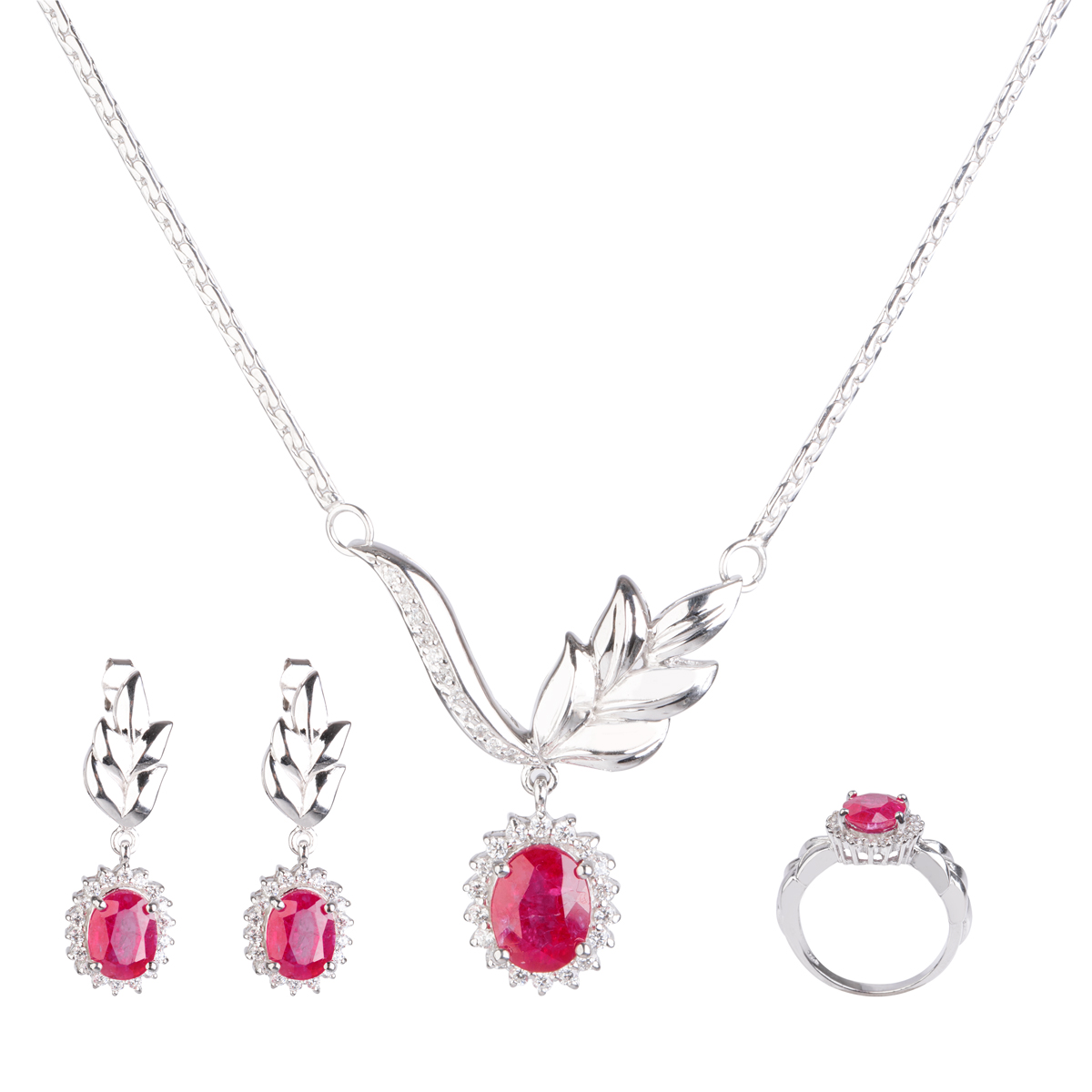 Pink Ruby Leaf Carved Necklace, Earring, Ring | 925 Silver Jewelry Set  