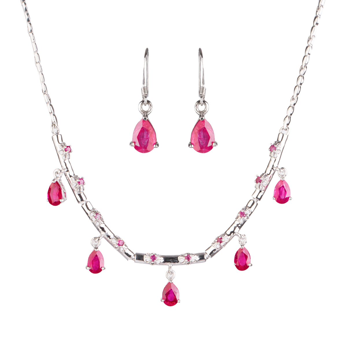Ruby Charm Necklace With Dangle Earring | Silver 925 Necklace Set with Earrings
