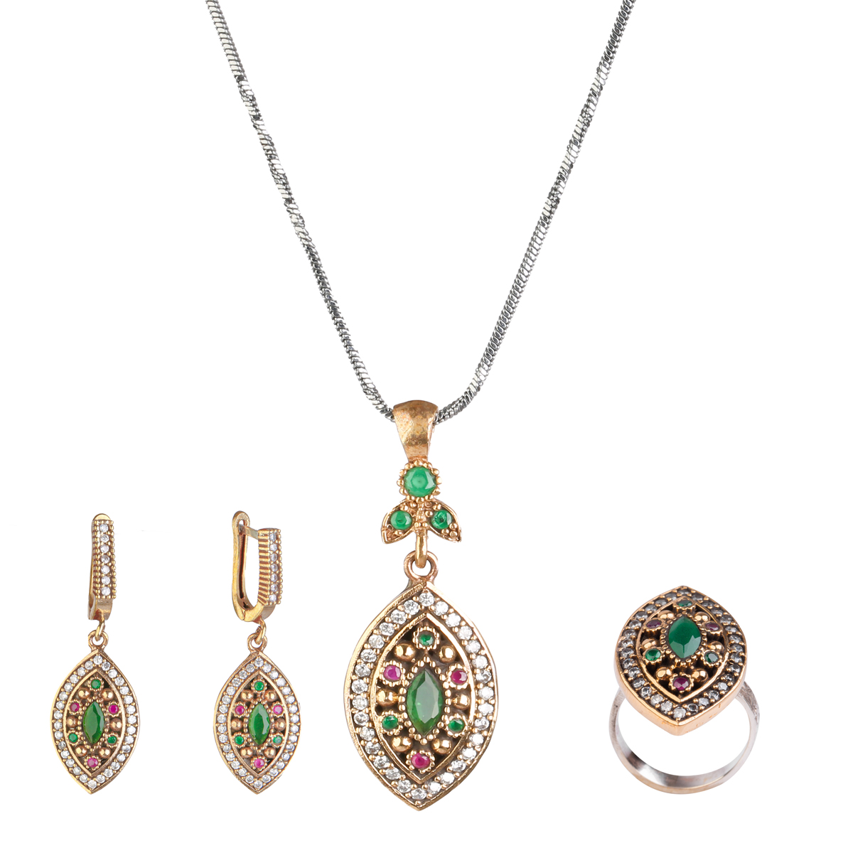 Multi-Colored Ruby Stone Necklace Set | Marquise Cut Pendant Earring and Ring
