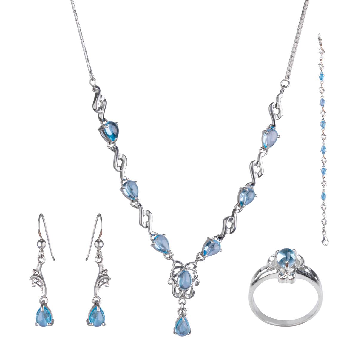 Blue Topaz Women Jewelry| Silver Carved Necklace With Hooked Earring and Ring