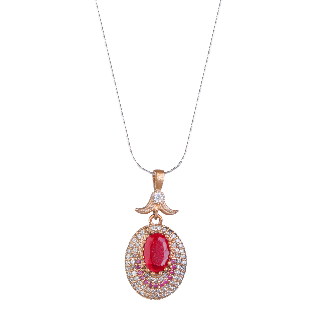 Red Ruby Drop Pendant With Earrings and Ring | Silver Round Cut Necklace Set 