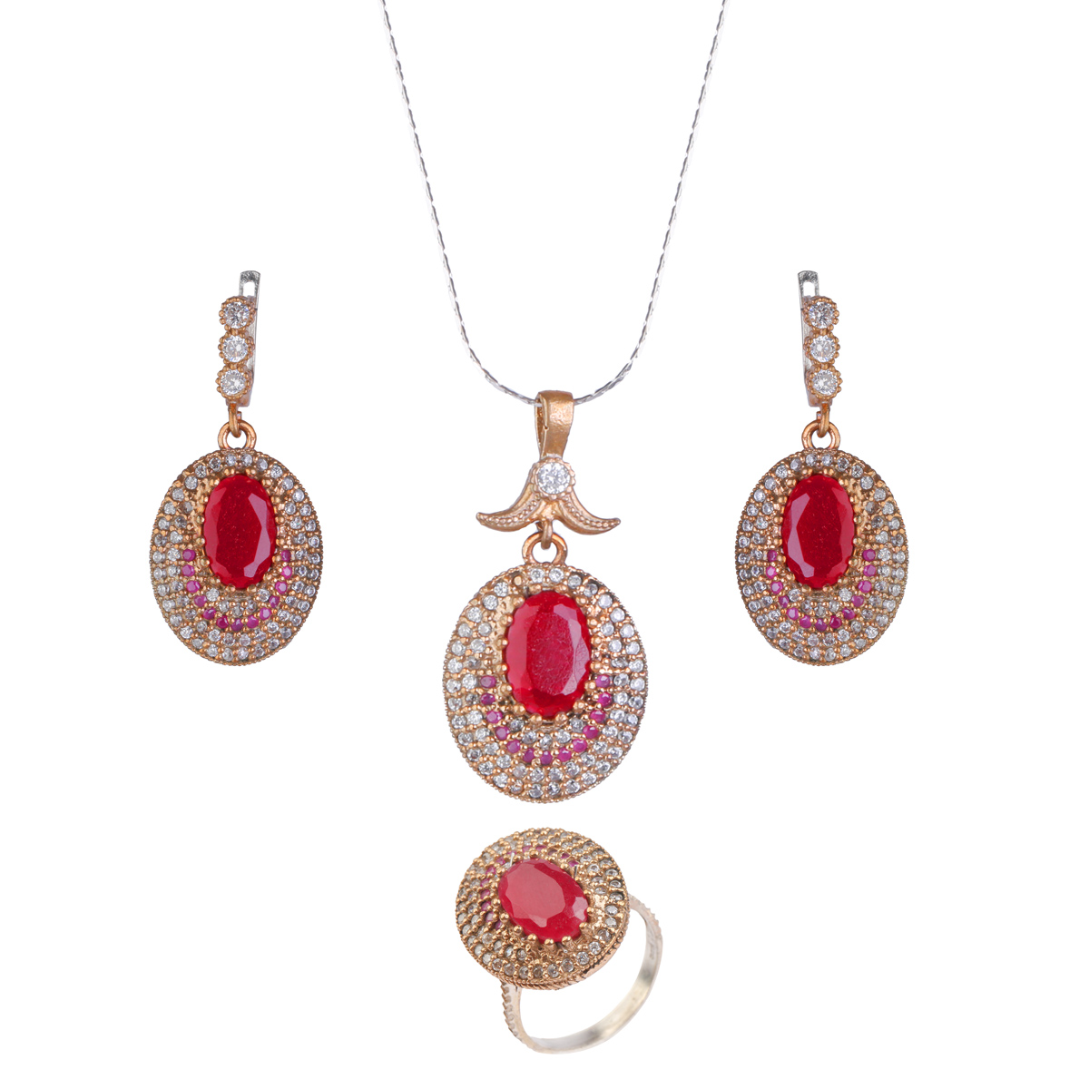Red Ruby Drop Pendant With Earrings and Ring | Silver Round Cut Necklace Set 