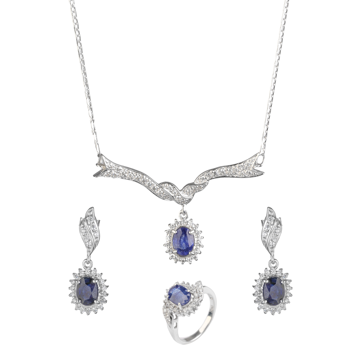 Silver Blue Sapphire Locket Earring Ring | Bridal Cluster Jewelry Set 