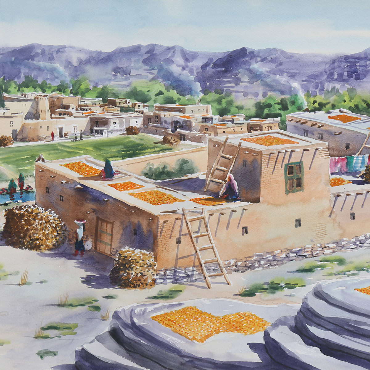 Green Village Oil Painting on Canvas| Afghan Artwork