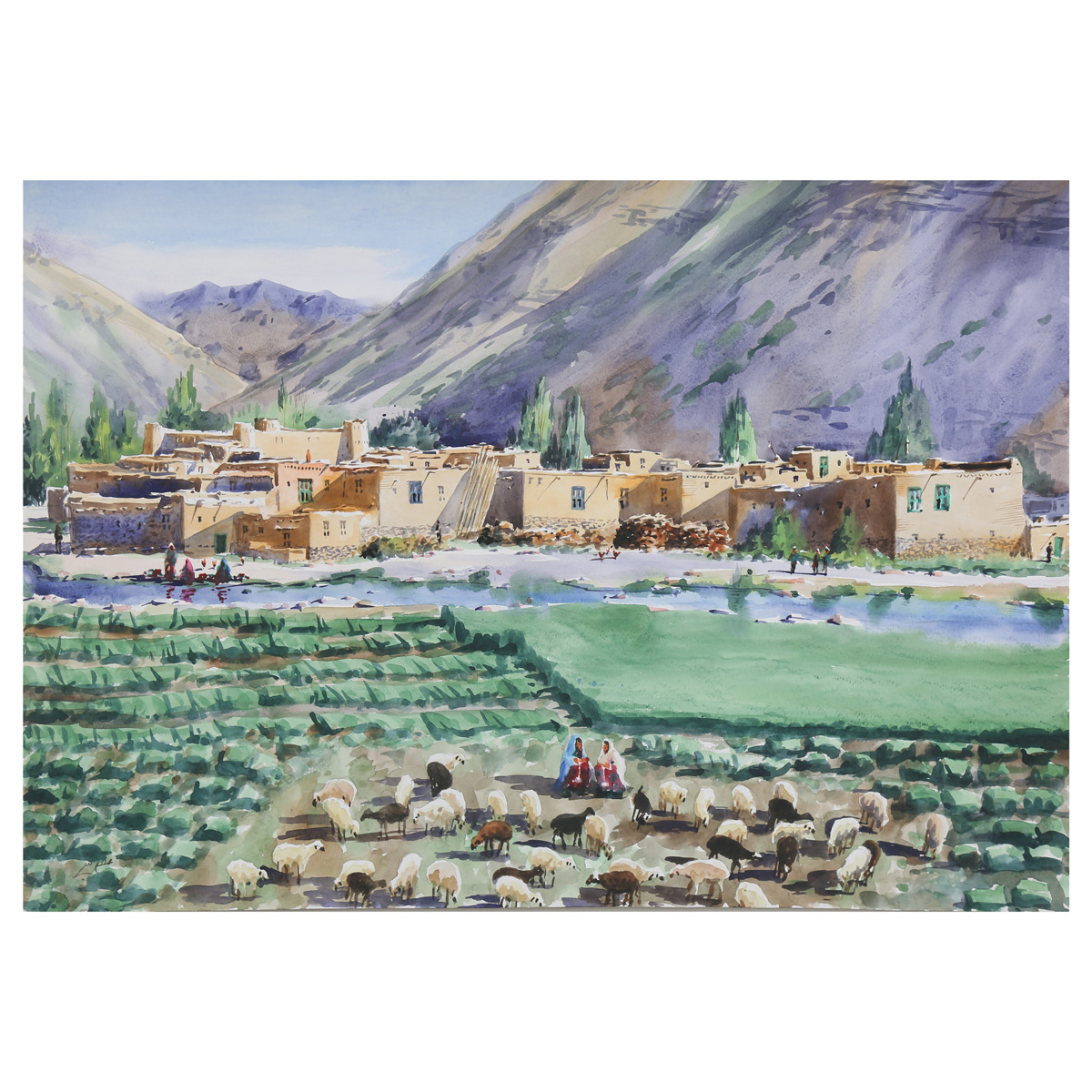 Animals Herd and the Village Painting| Beautiful Village Life Artwork