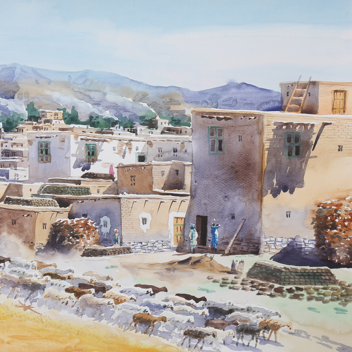 Beautiful Countryside Artwork| Oil Painting Village View| Afghan Women Artwork