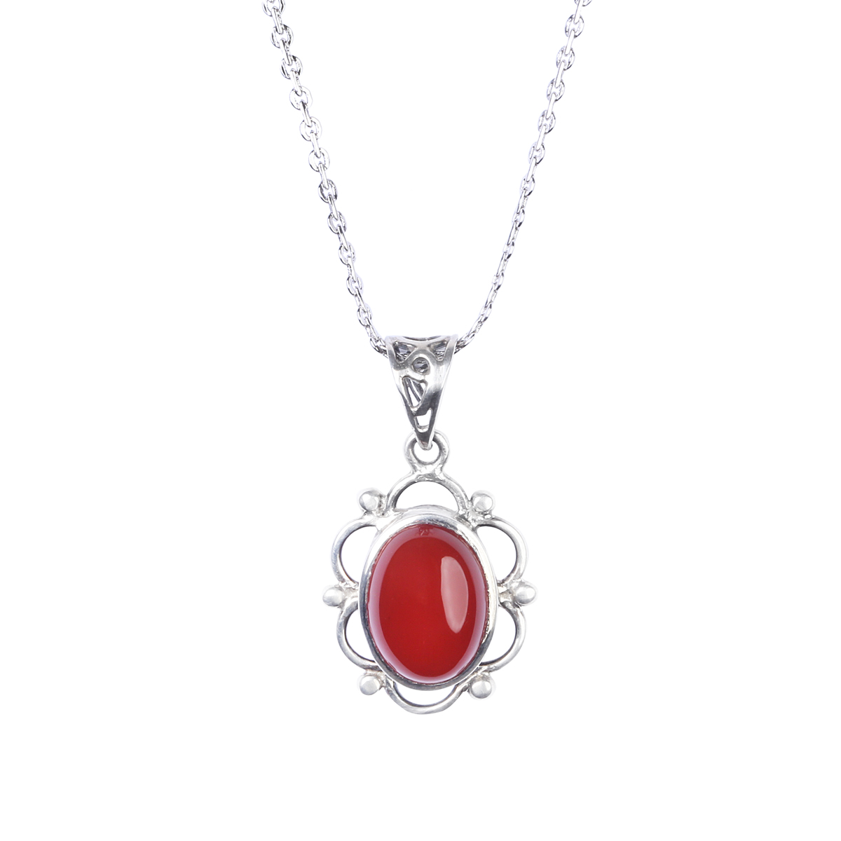 Red Agate Jewelry Set | Floral Silver Pendant, Ring, Earrings 