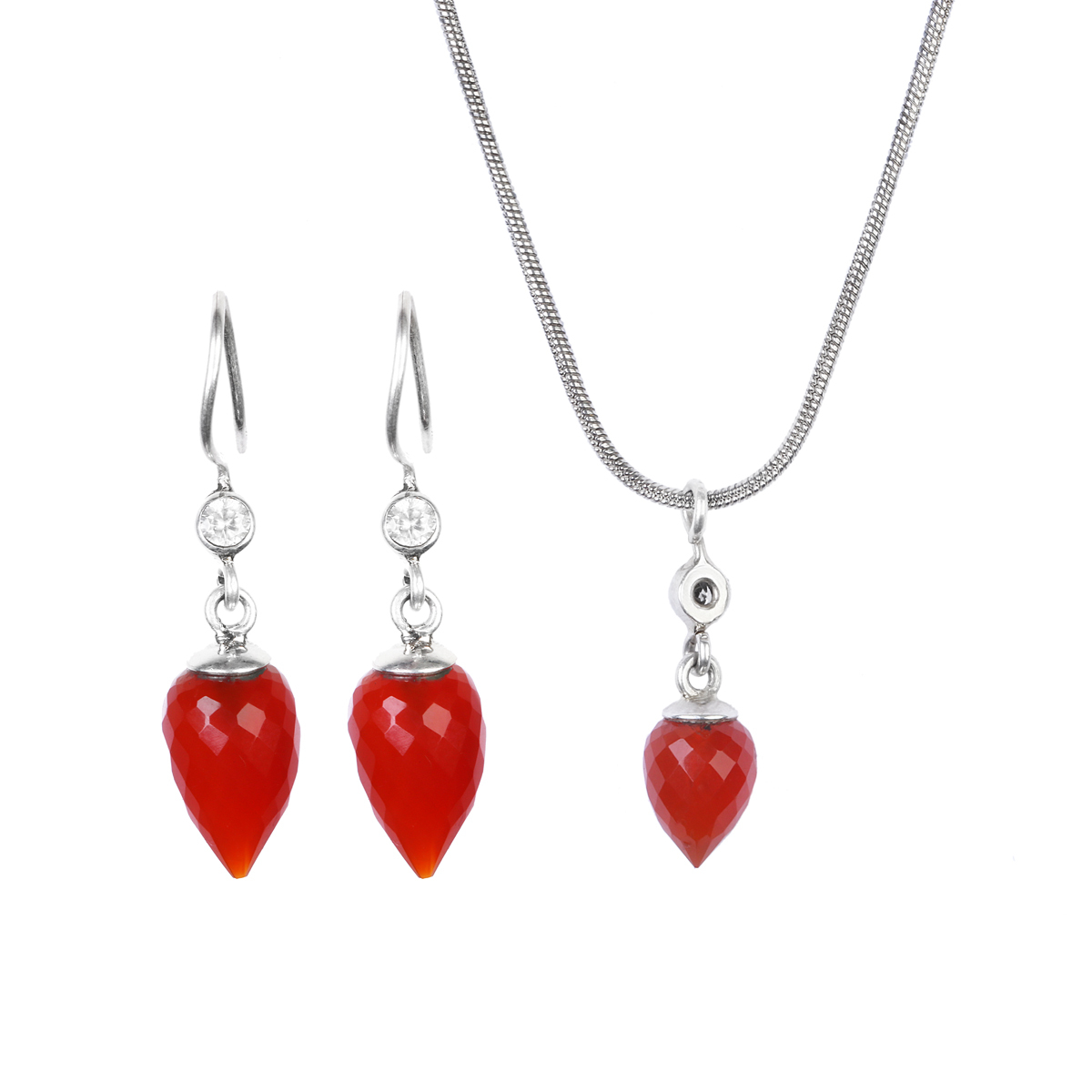 Red Agate Dangling Jewelry Set | Silver Pear Pendant & Earrings