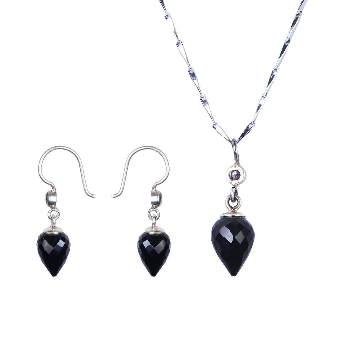 Black Agate Teardrop Jewelry Set | Pear Pointed Pendant & Hook Earrings