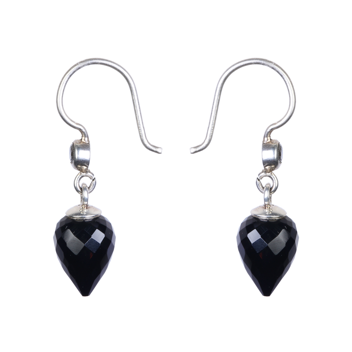 Black Agate Pear Pointed Earrings | Silver Hook Earrings 
