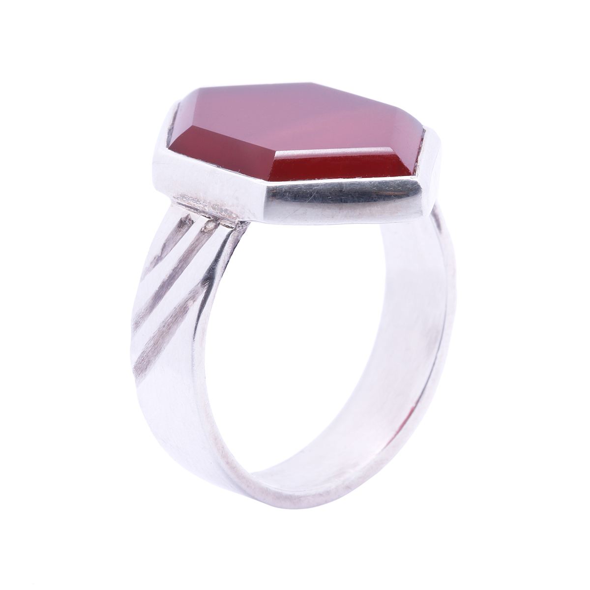 Red Agate Stone Ring | Flat Hexagonal Silver Ring