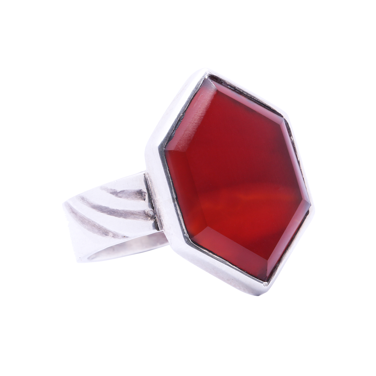 Red Agate Stone Ring | Flat Hexagonal Silver Ring