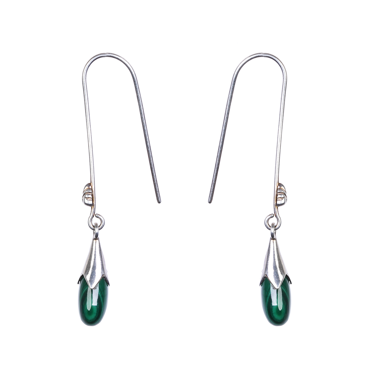 Green Malachite Hook Earrings | Silver Petal Dangle Earrings 