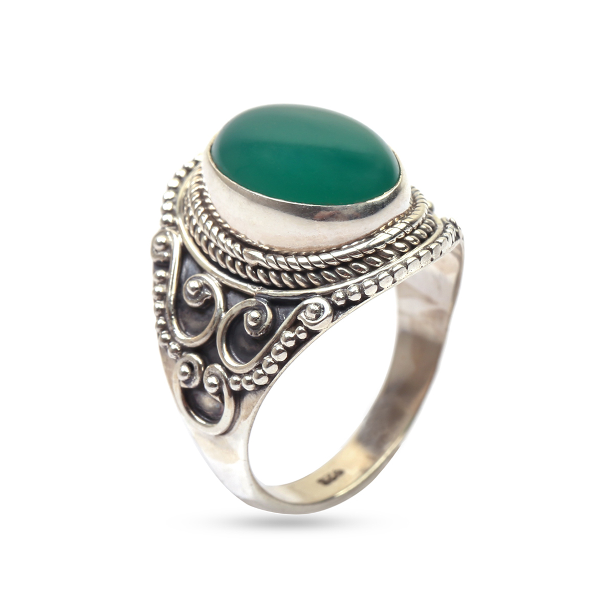 Green Agate Ring | Oval Engraved Band Ring