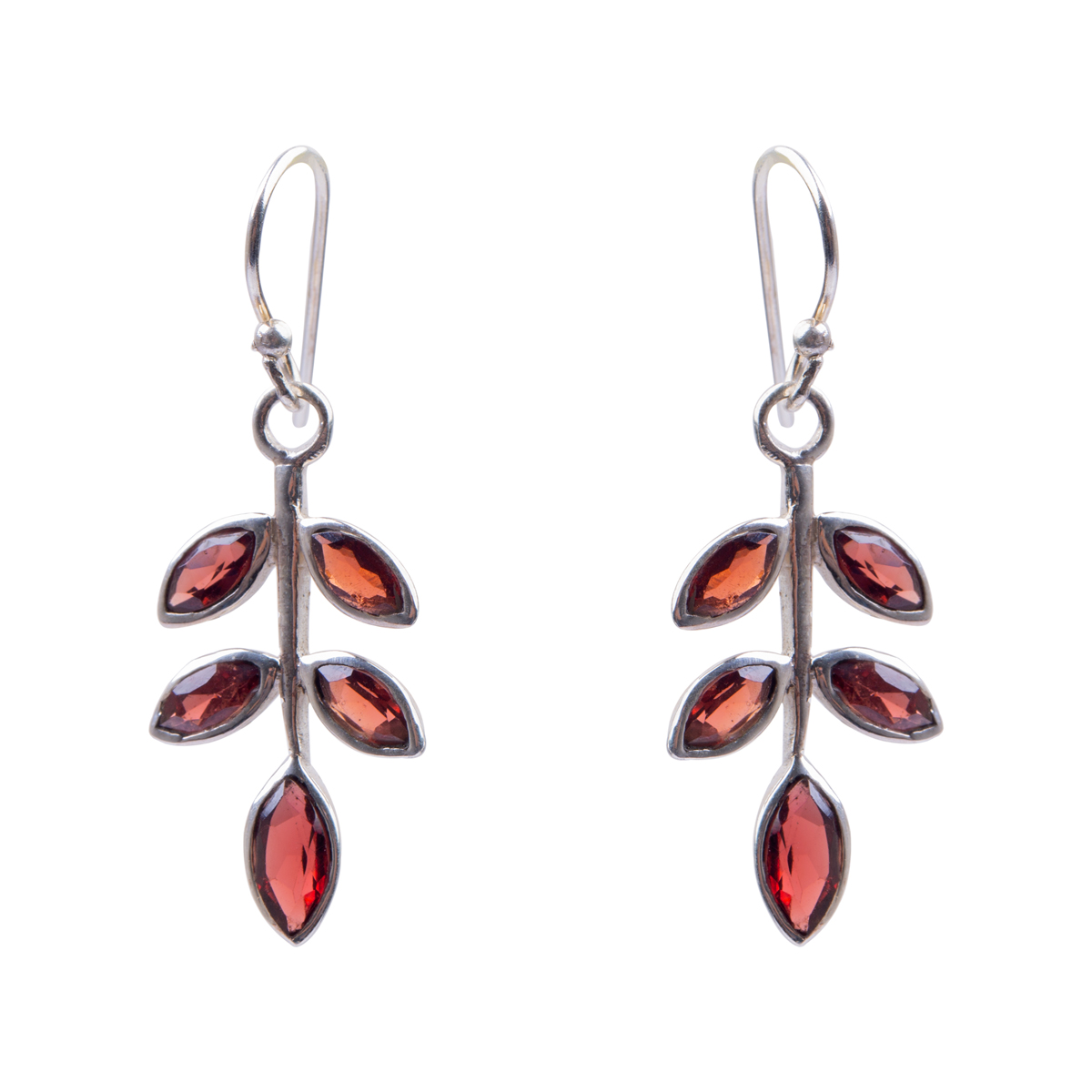 Garnet Leaf Design Earrings | Silver Dangle Earrings