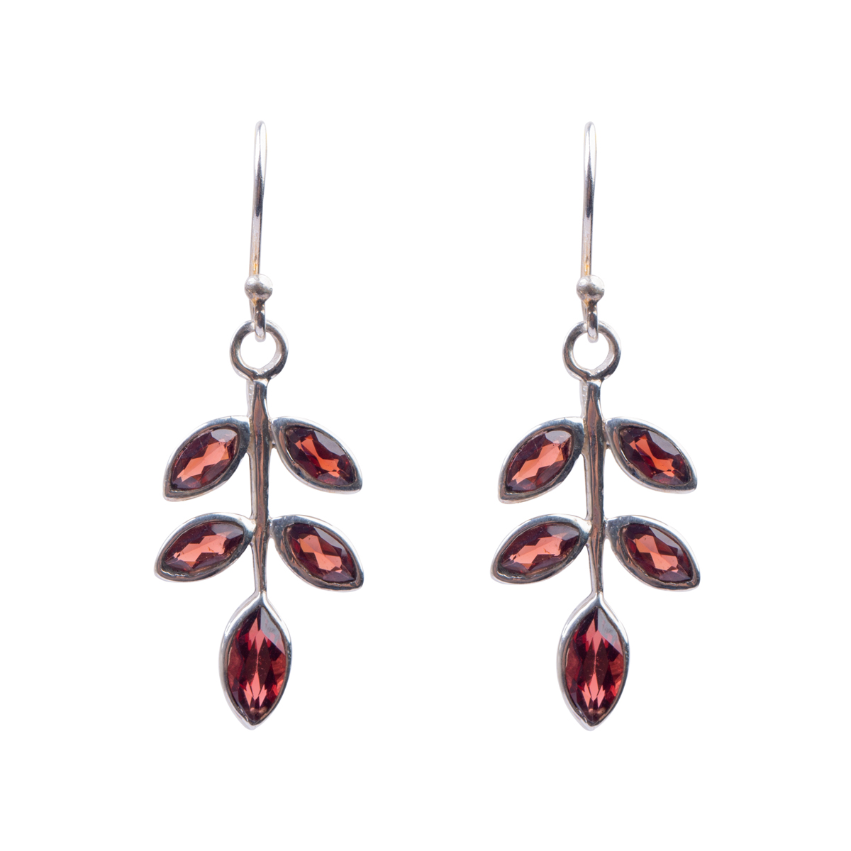 Garnet Leaf Design Earrings | Silver Dangle Earrings