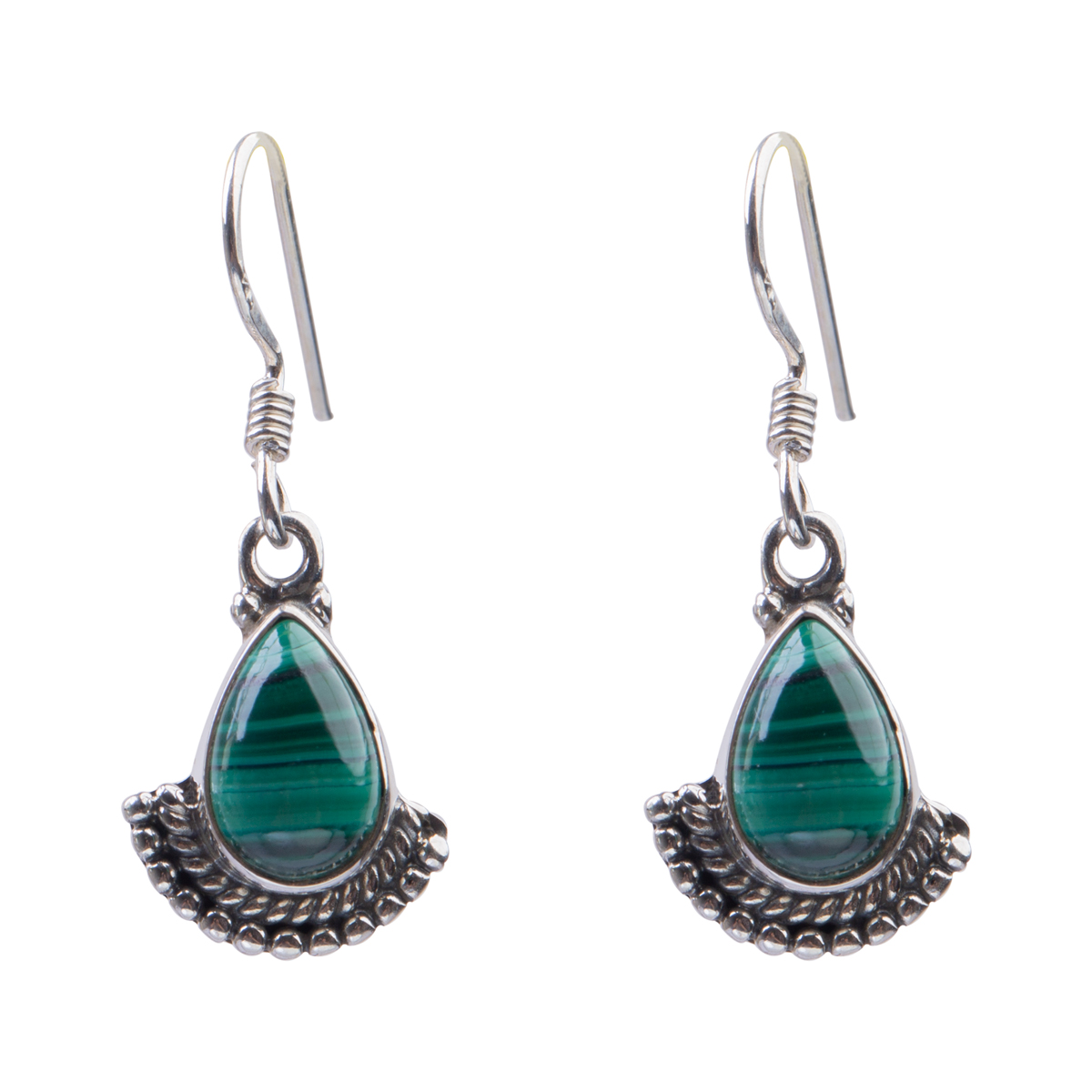 Green Malachite Pear Earrings | Silver Dangle Earrings