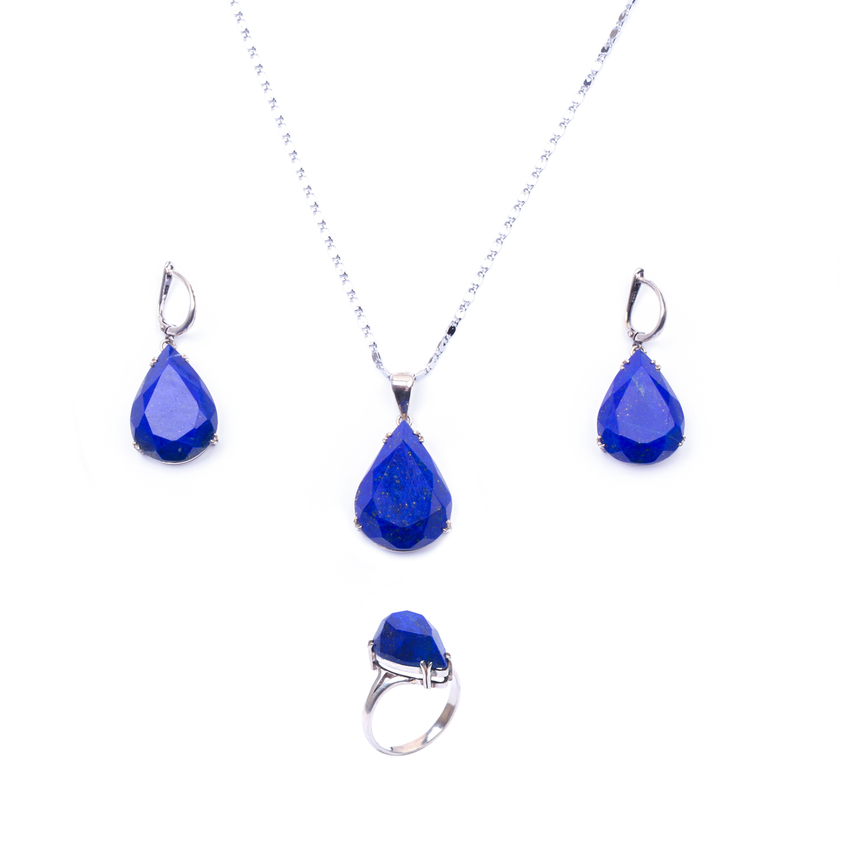 Pear Lapis Lazuli Jewel Set | Silver Pendant, Earrings, Ring 