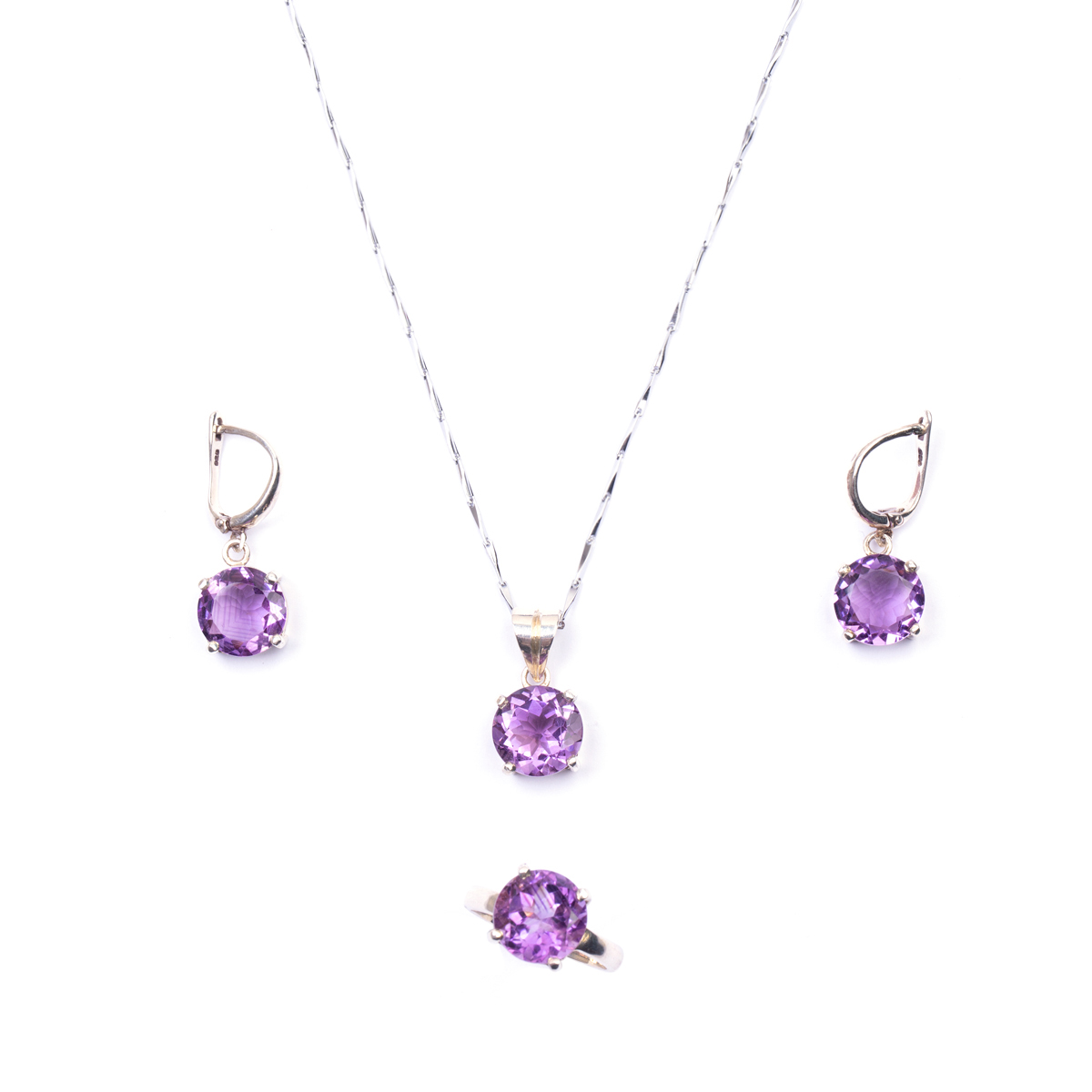 Purple Amethyst Jewelry Set | Silver Round Pendant, Earrings, Ring 