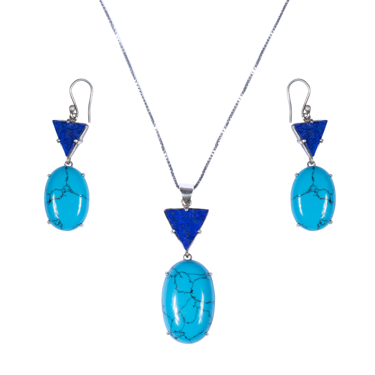 Lapis & Turquoise Jewelry Set | Silver Round Pendant with Hook Earrings