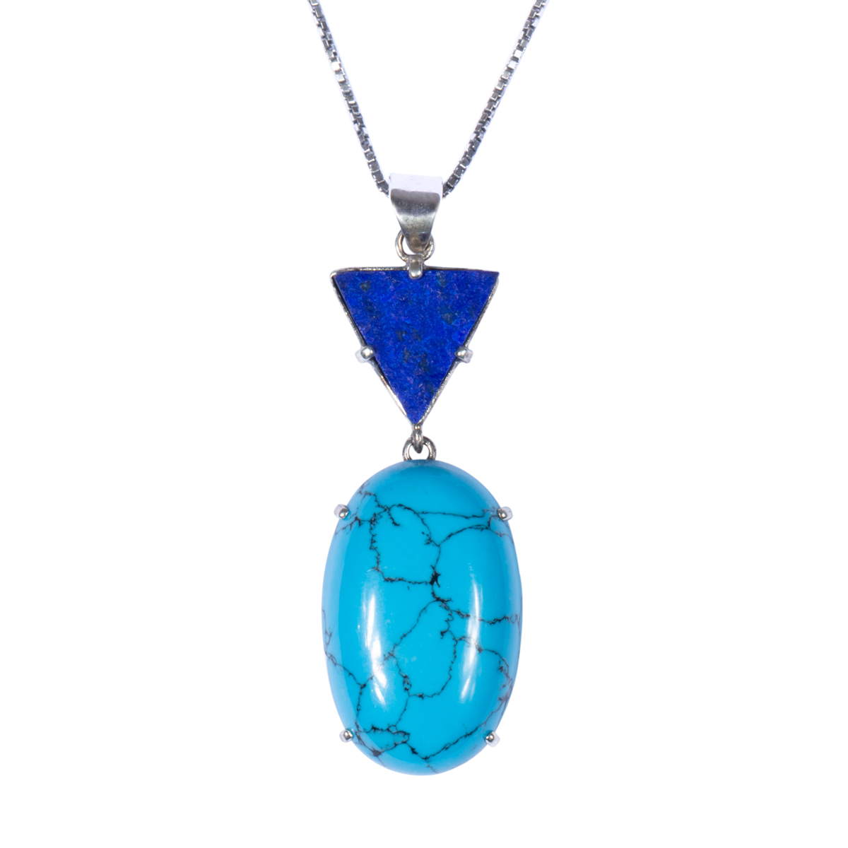 Lapis and Turquoise Pendant | Silver Drop Chain Locket