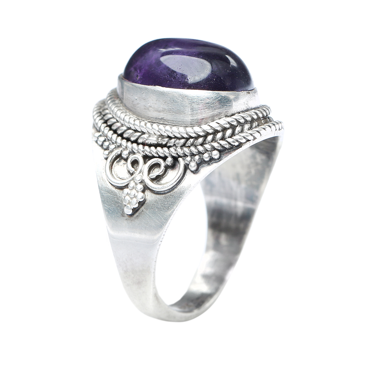 Amethyst Stone Carved Ring | Round Solitaire Ring