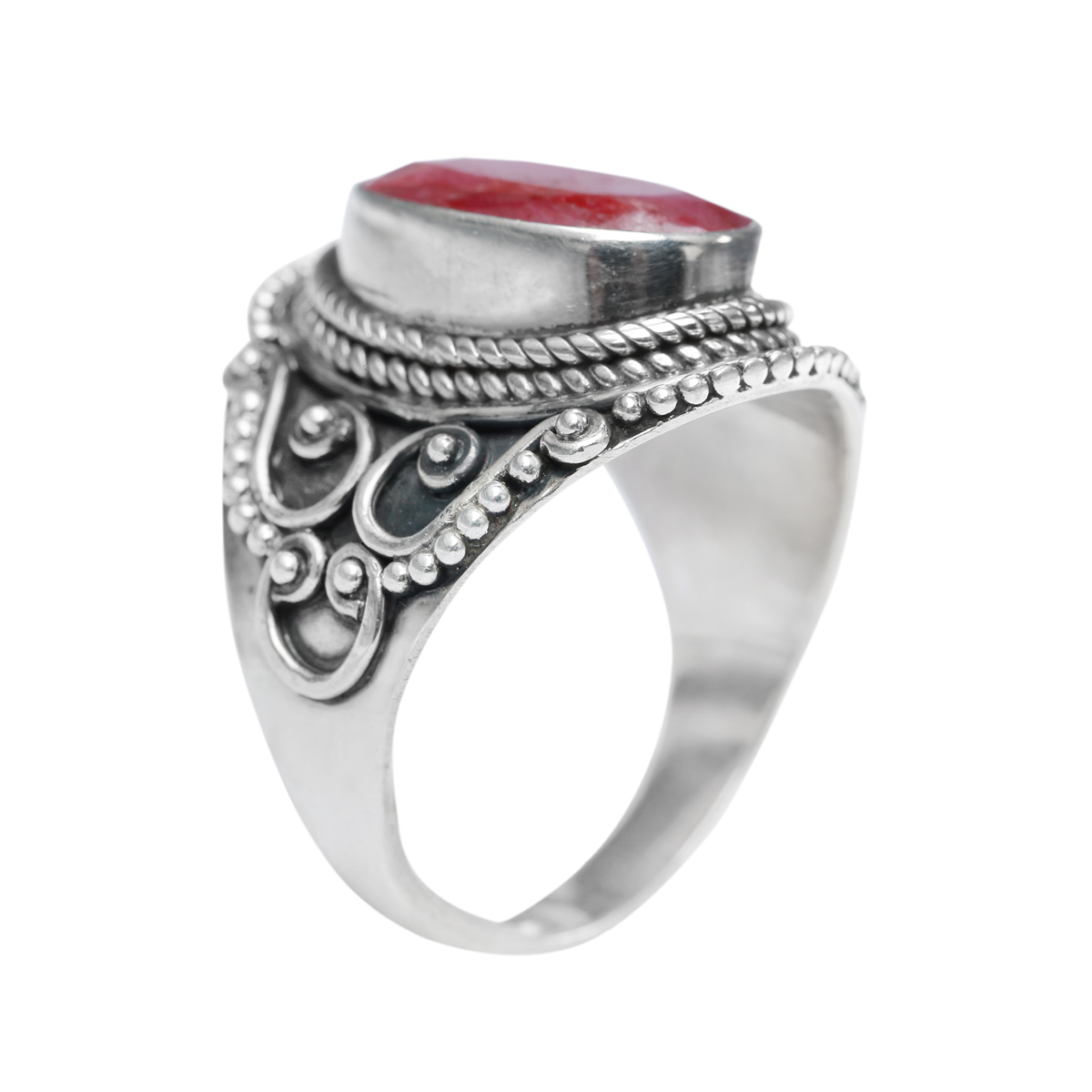 Flat Ruby Stone Ring | Silver Pave Band Ring 