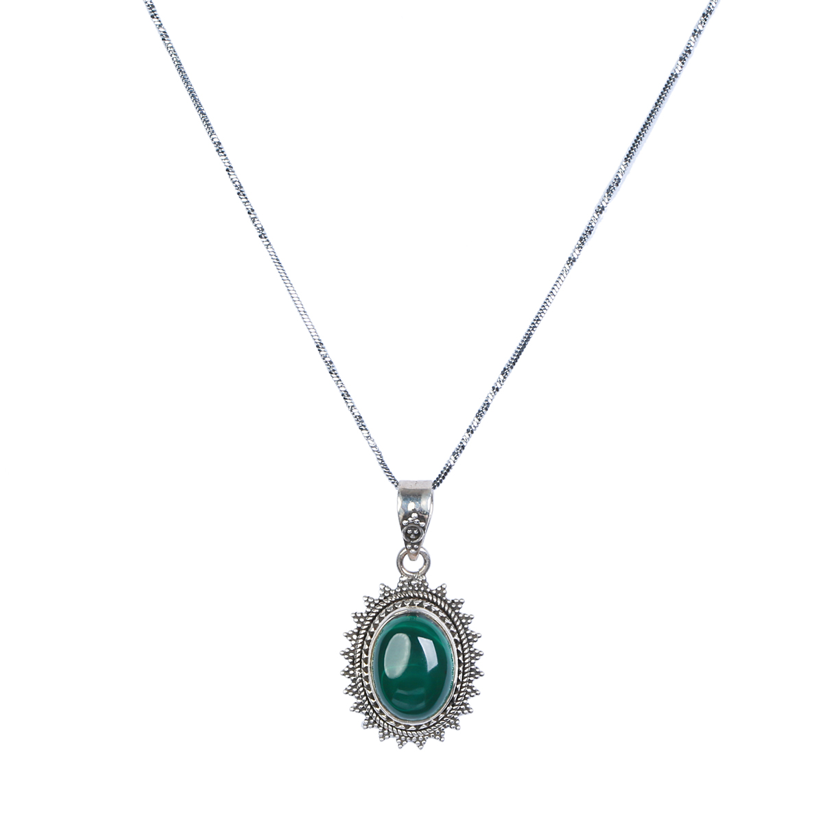 Green Malachite Stone Pendant | Silver Round Drop Locket  