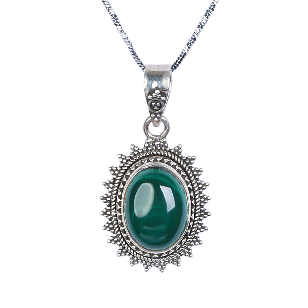 Green Malachite Stone Pendant | Silver Round Drop Locket  