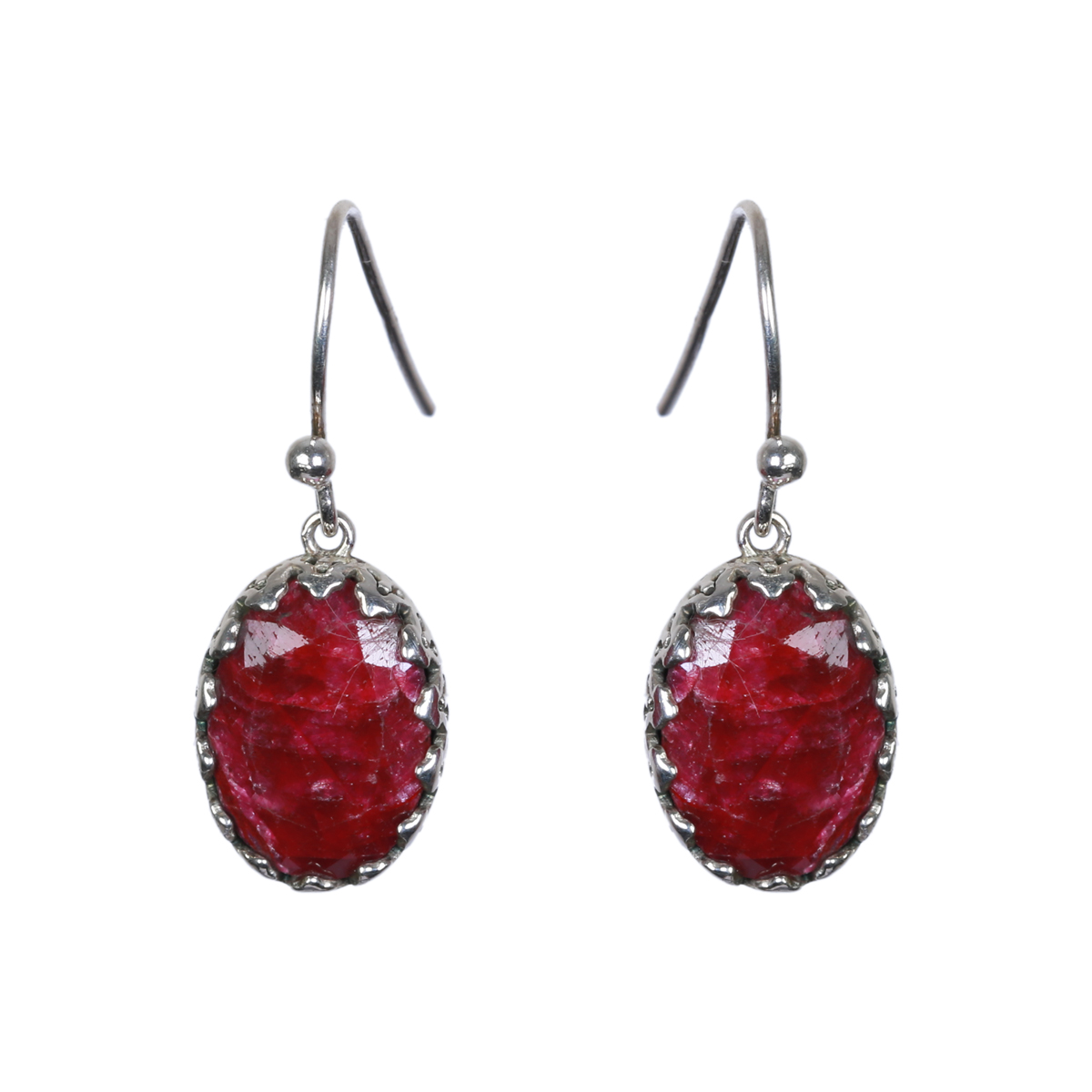 Red Ruby Stone Earrings | Round Hook Silver Earrings 