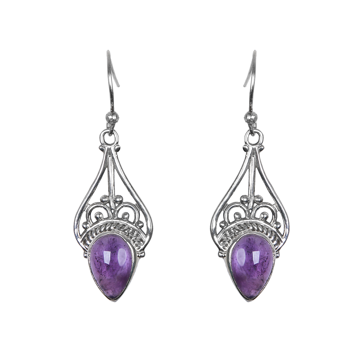 Amethyst Stone Silver Earrings | Triangular Hook Earrings