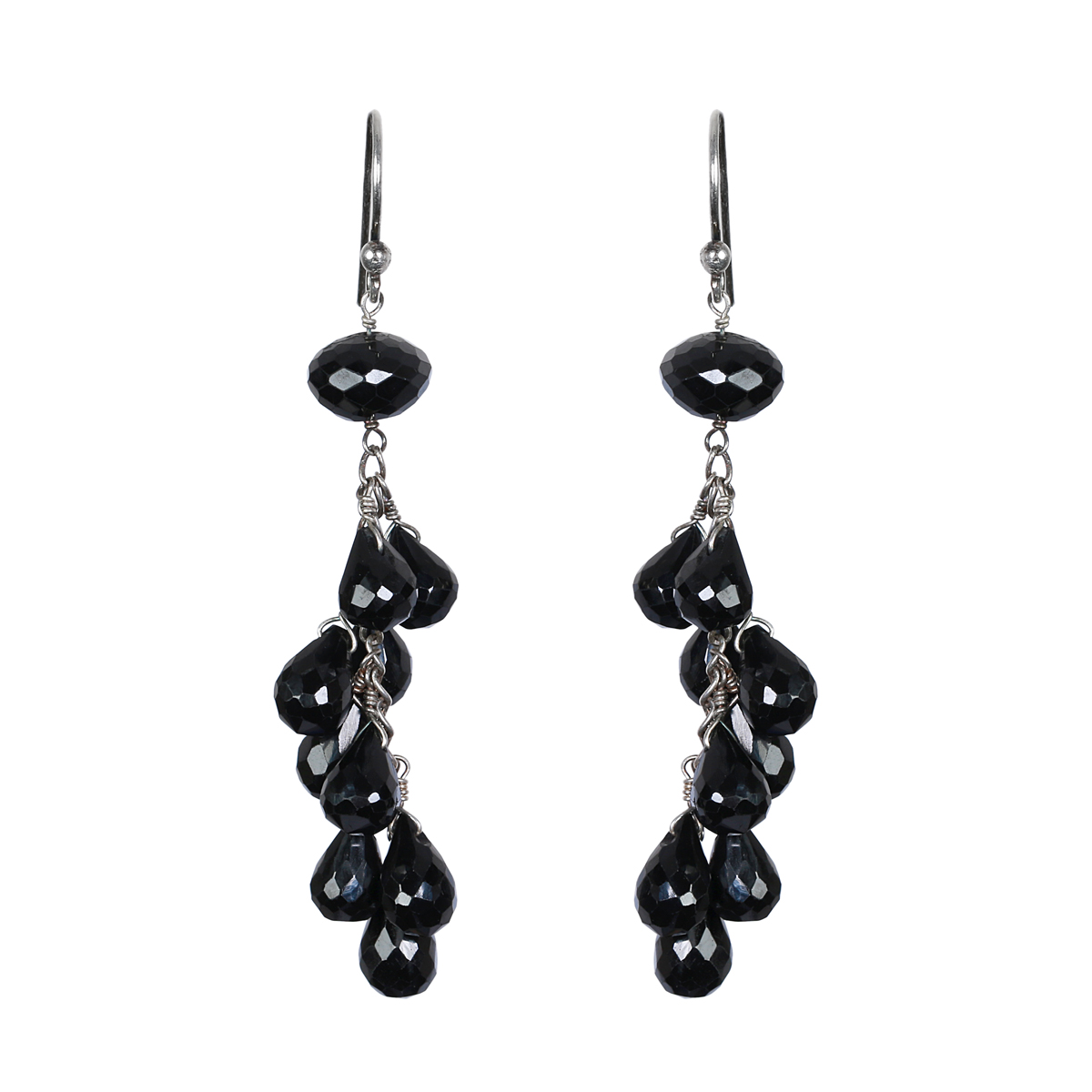 Black Agate Drop Earrings | Cluster Silver Earrings