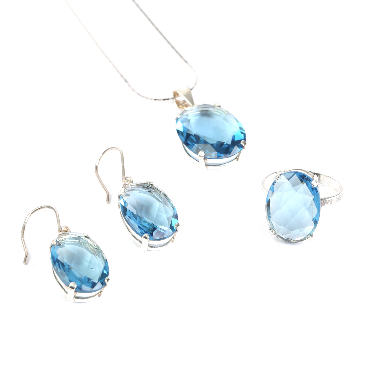 Rare Blue Topaz Jewelry Set | Silver Oval Pendant, Earrings, Ring