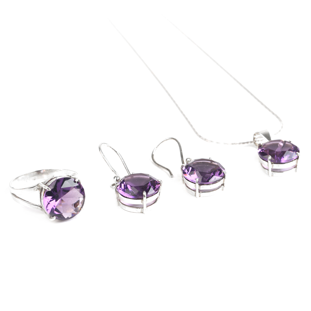Amethyst Jewelry Set | Silver Round Pendant, Earrings, Ring 