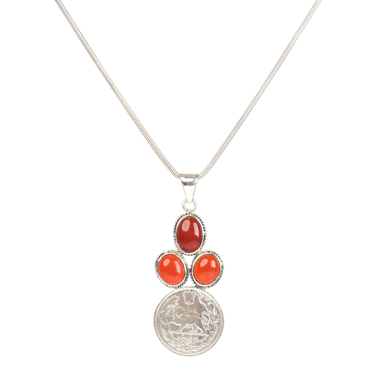 Red Agate Pendant | Silver Leafy Coin Design Earrings