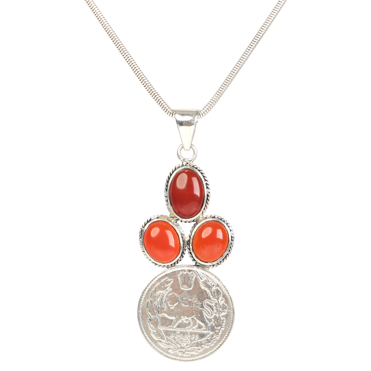 Red Agate Pendant | Silver Leafy Coin Design Earrings