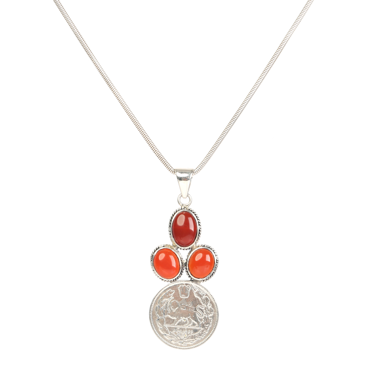 Red Agate Silver Jewelry Set | Leafy Coin Design Pendant, Earrings, Ring