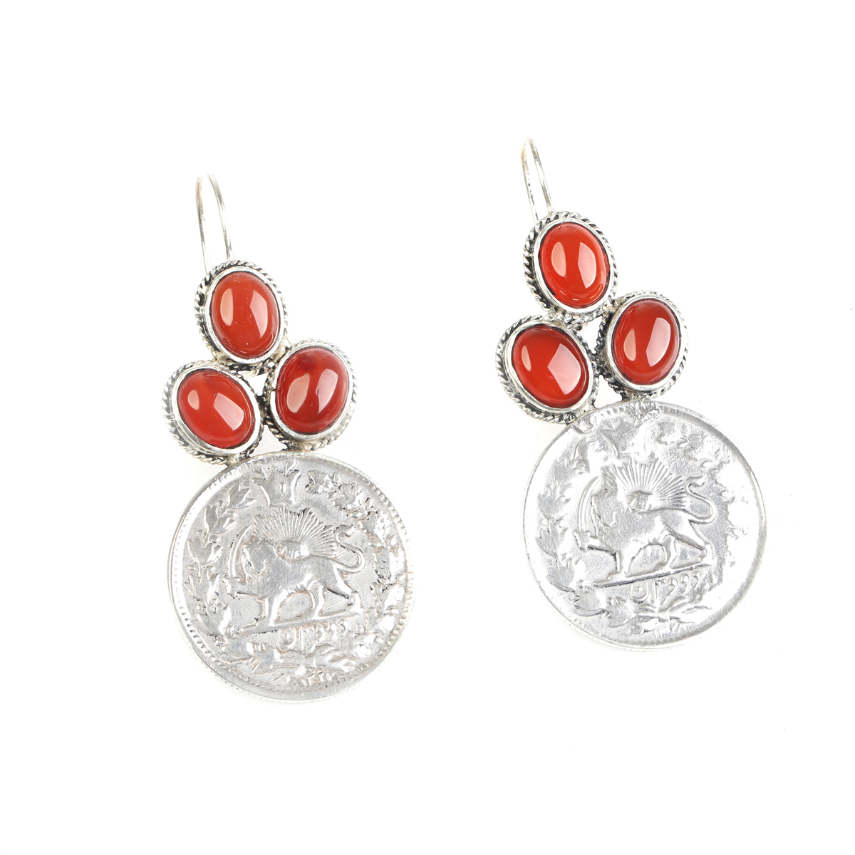 Red Agate Silver Jewelry Set | Leafy Coin Design Pendant, Earrings, Ring