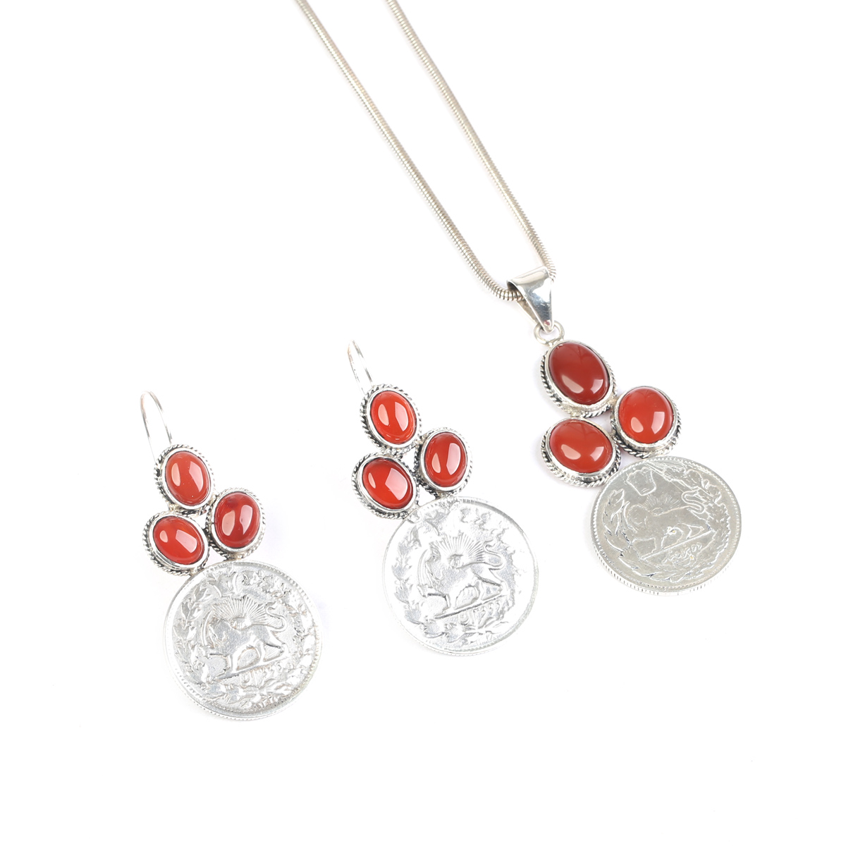 Red Agate Silver Jewelry Set | Leafy Coin Design Pendant, Earrings, Ring