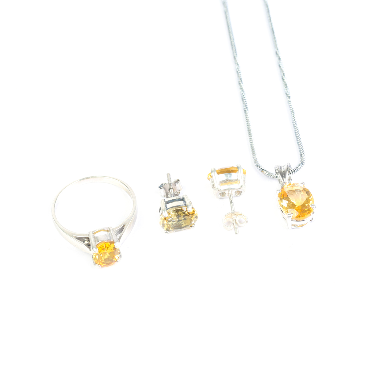 Citrine Stone Jewelry Set | Round Silver Pendant, Ring, Studs