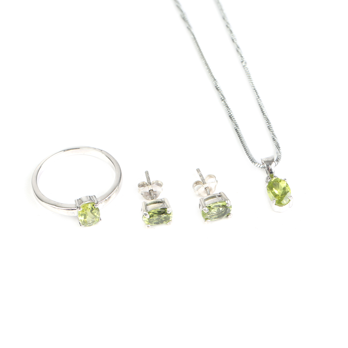 Green Peridot Jewelry Set | Silver Pendant, Studs, Ring