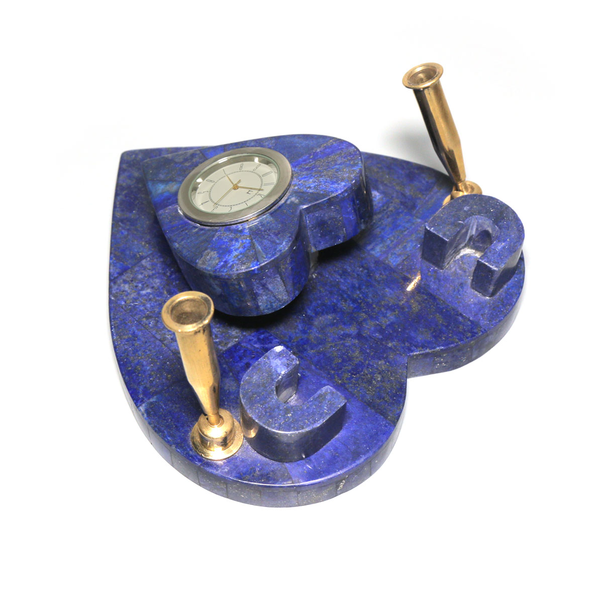 Lapis Lazuli Pen Holder with Attached Clock | Heart Design Pen Stand and Clock