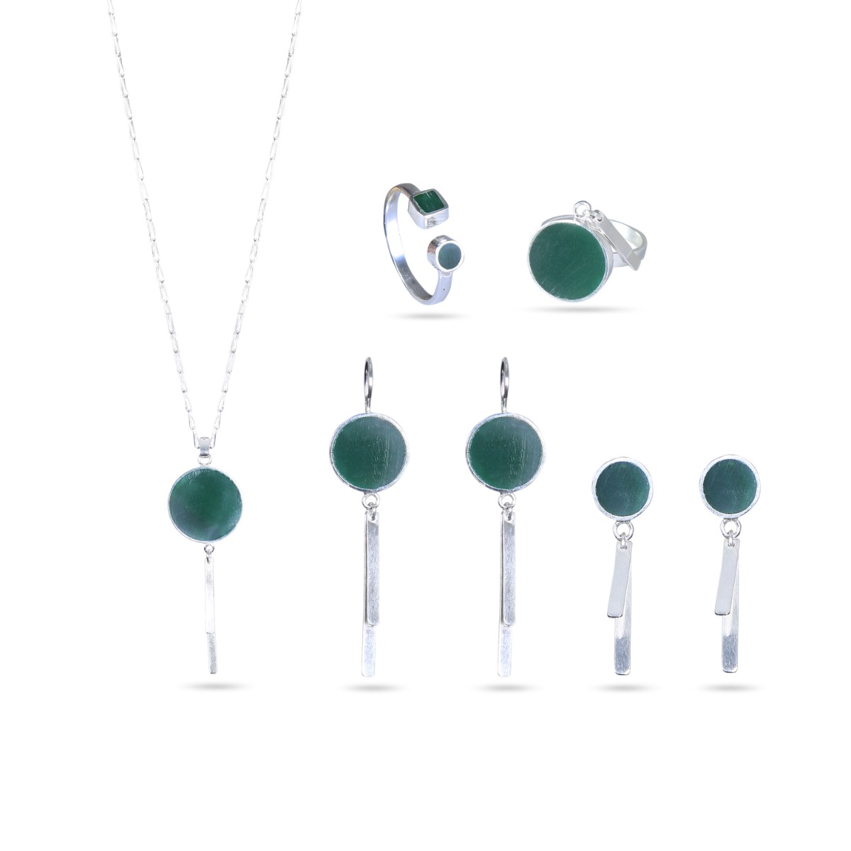 Green Agate Jewelry Set | Silver Round Pendant, Earrings, & Ring