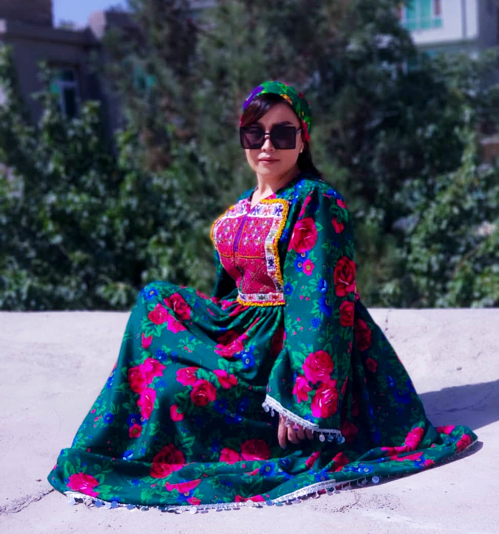 Green Gulnegar Long Hazaragi Dress | Balloon Sleeves Pleated Frock 