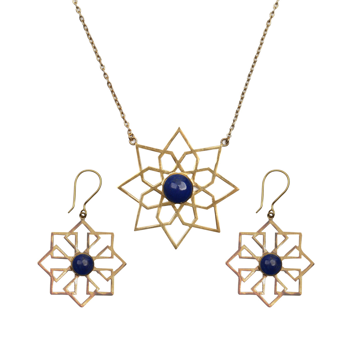 Lapis Stone Floral Jewelry Set | Bronze Pendant, Earrings