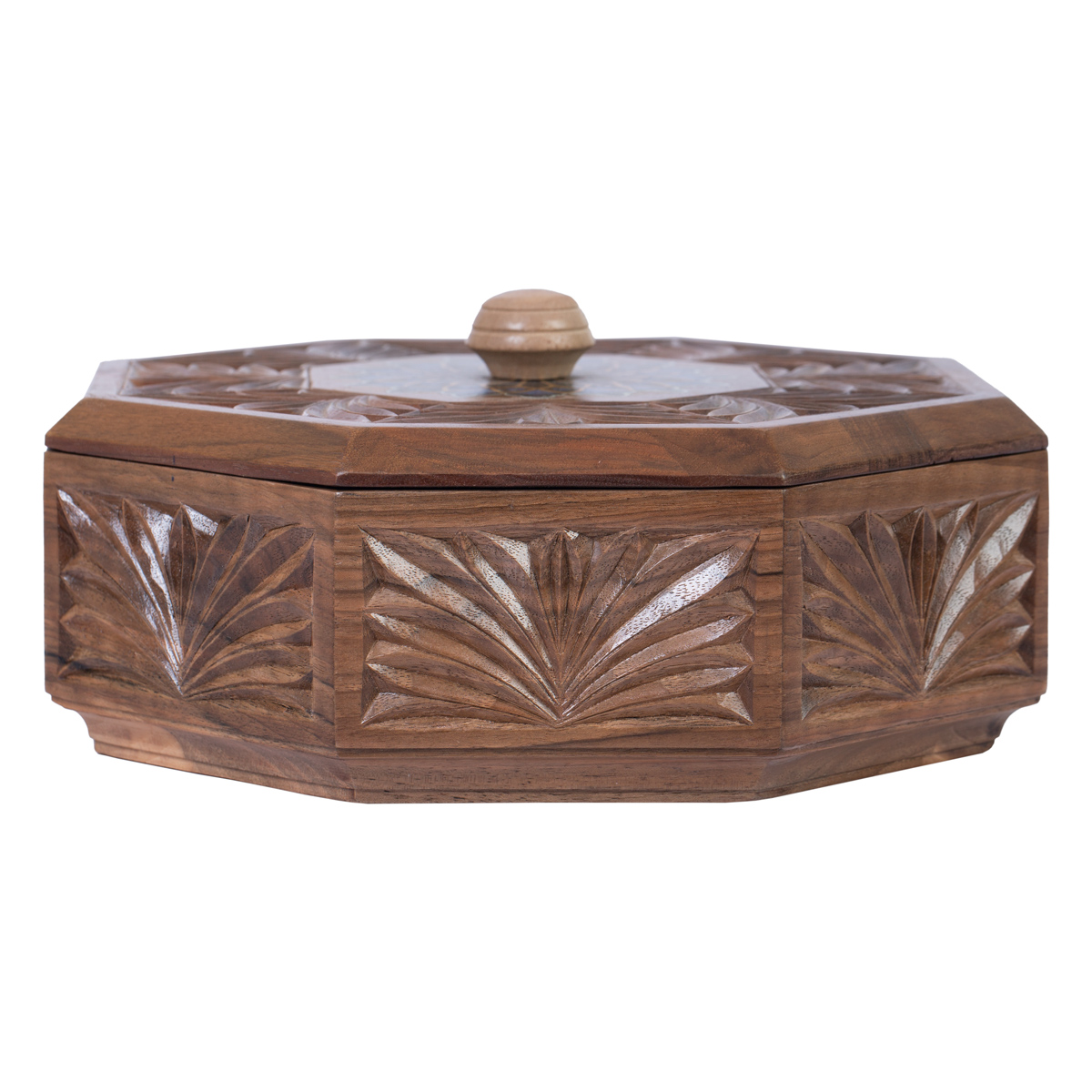 Walnut Wood Jewelry Box | Octagonal Carved Jewel Box