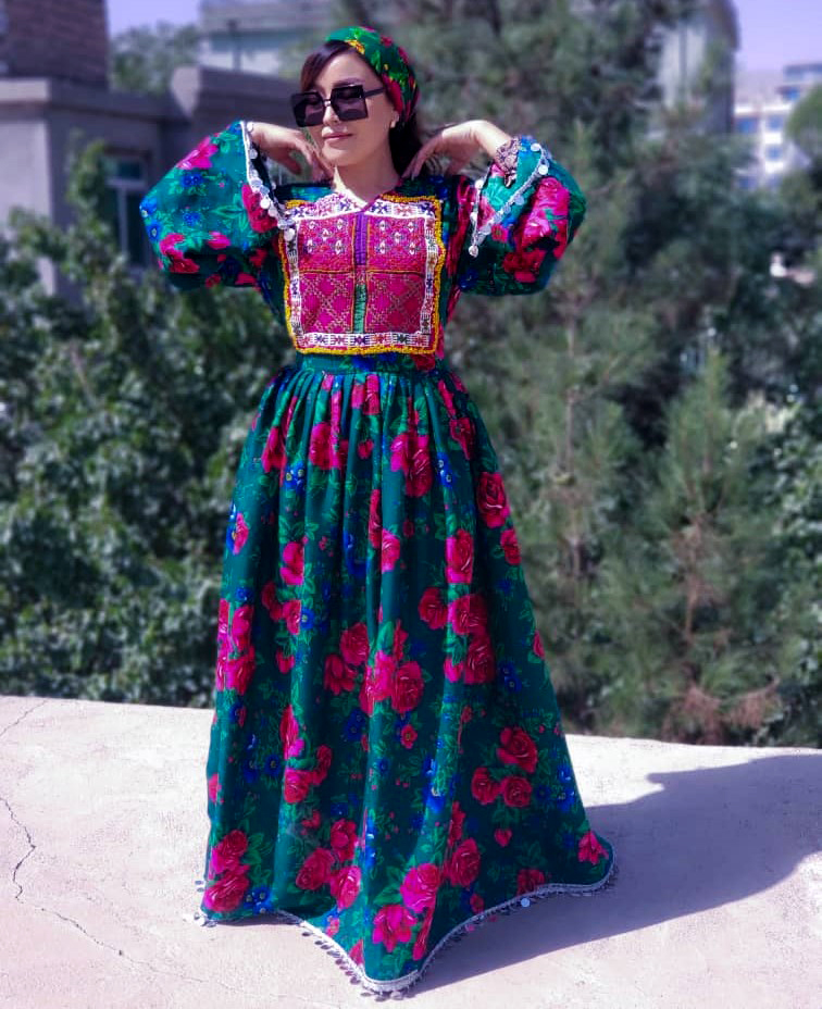 Green Gulnegar Long Hazaragi Dress | Balloon Sleeves Pleated Frock 