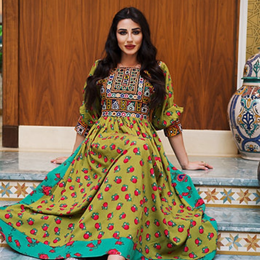 Vintage Embroidery Gulaisaib Fabric Olive Dress